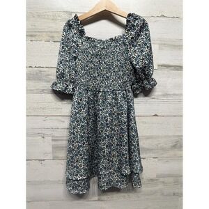 Copper Key Floral Dress Kids Size 7 Blue Smocked Puff Sleeve Tiered EUC